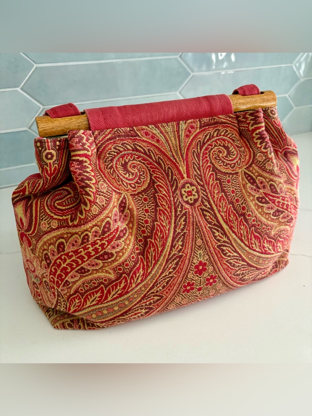 The Mouse Housery Original Vintage Red Paisley Tapestry Bag with Wood Handles